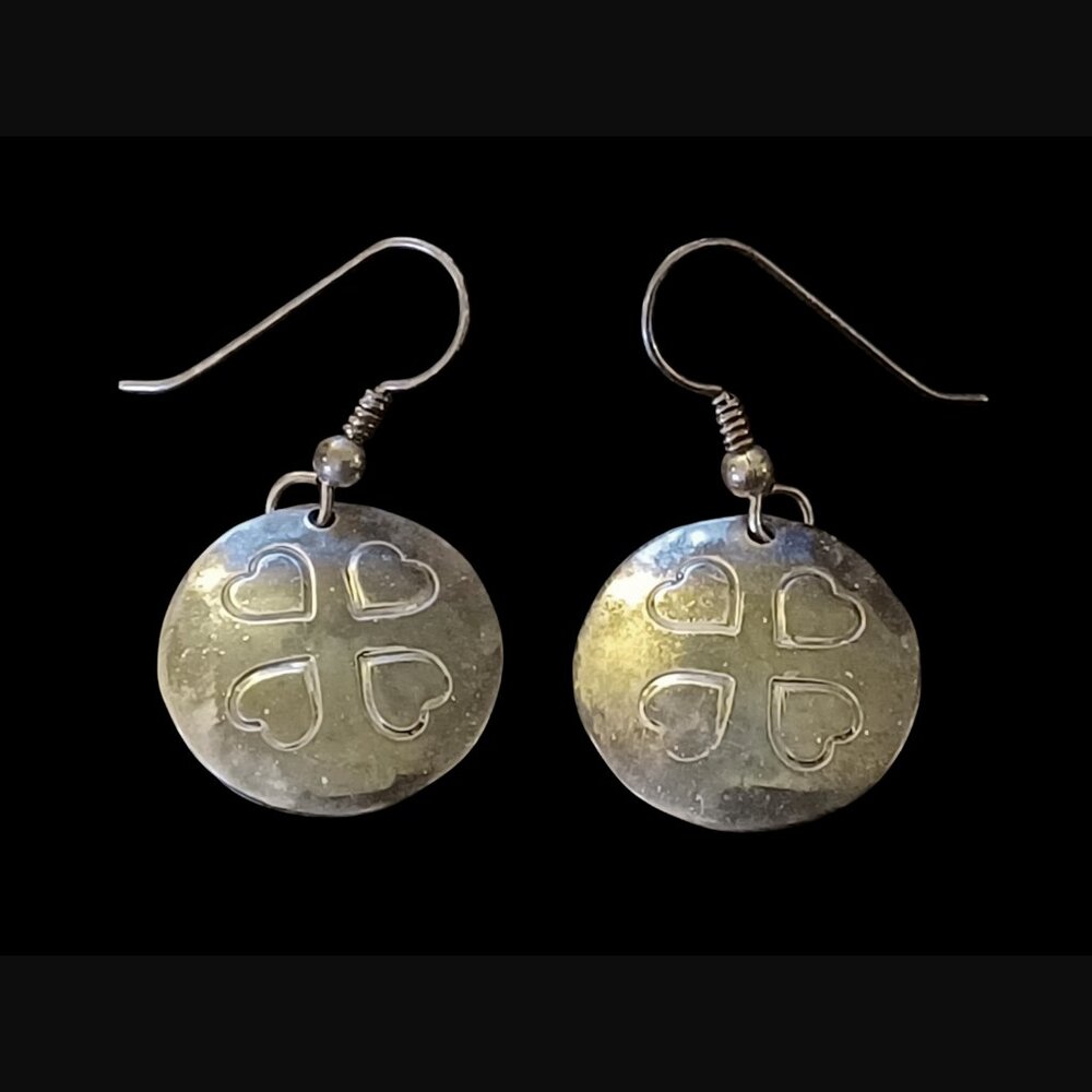 RWMAC Vintage Sterling 4 Leaf Clover Pattern 18.4mm Coin Drop Dangle Earrings
